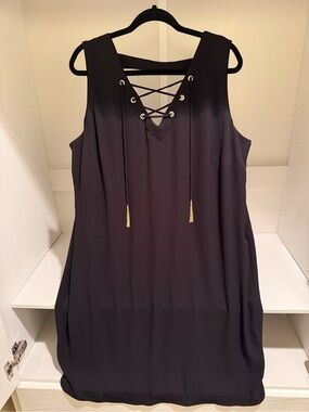 INC International Concepts Black Lace-Up V-Neck Dress with Gold Eyelets
